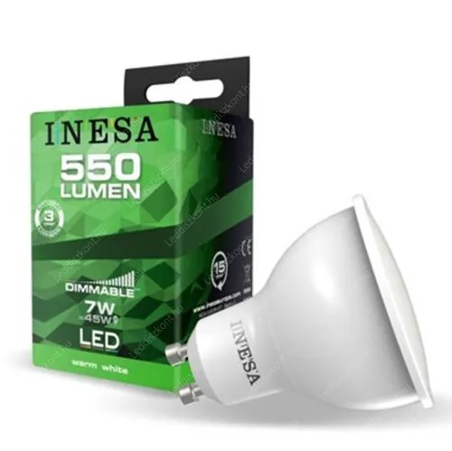 Inesa Led 7W, 580 lumen, 6500 kelvin, fényerőszabályozható spot égő GU10, hideg fehér. Led spot LLGUD10AP7W60480K6500 2 év gar.