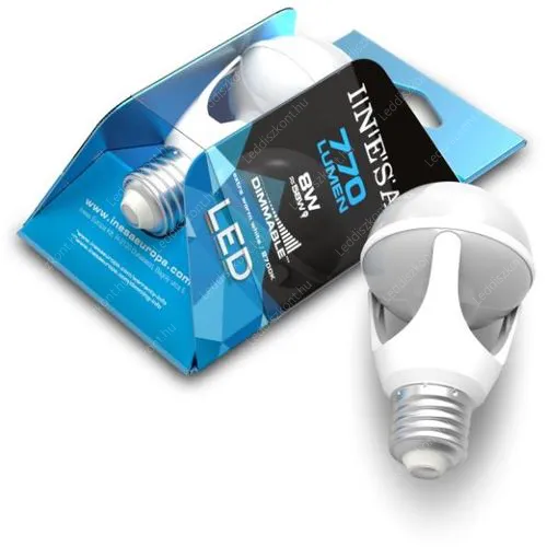 Inesa GLSO 8W, 80W izzó helyett. 770 Lumen, fényerőszabályozható is! E27, 2700 kelvin, meleg fehér fény. Led körte LLKD8W60390E27K2700 2 év gar.