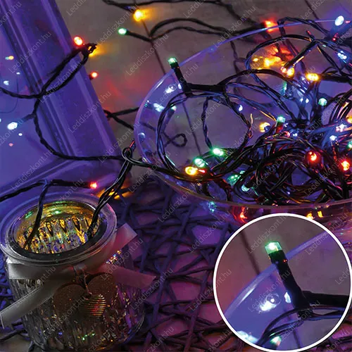 Karácsonyi 100 Led fényfüzér, rizsszem IP44, kültérre is! Multicolor /piros-zöld- kék-sárga/ Leddel, 8 funkció, villogtató, memória. Life Light Led. Karácsonyi rizsszem LLKFIP44RIZS8VILM100LMULTI 2 év gar.