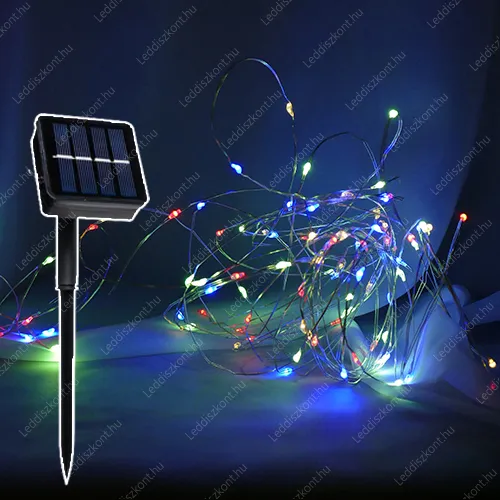 Napelemes Led fényfüzér 100 db, színes, multi color Leddel, 8 funkciós vezérlővel, IP65 vízálló. Karácsonyi fényfüzér solar LLKNANOIP65SOL8F100LMC 2 év gar.