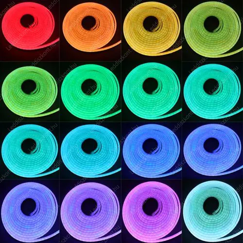 Led Neon Flex RGB, 12W/m, 60 Led/m, 24V, 8x16mm. IP67 vízálló, 8,3 centinkként vágható! Led Neon Flex LLLNF24V8X16RGB 1 év gar.