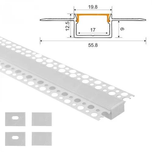 Alusín Led profil szett gipszkartonba, 2 méter fehér sín+ tej fedő + 4db végzáró. Akár 17mm Led szalaghoz is! Alumínium Led profil szett LLLSZASIN2MGK20941TEJSZETT 1 év gar.