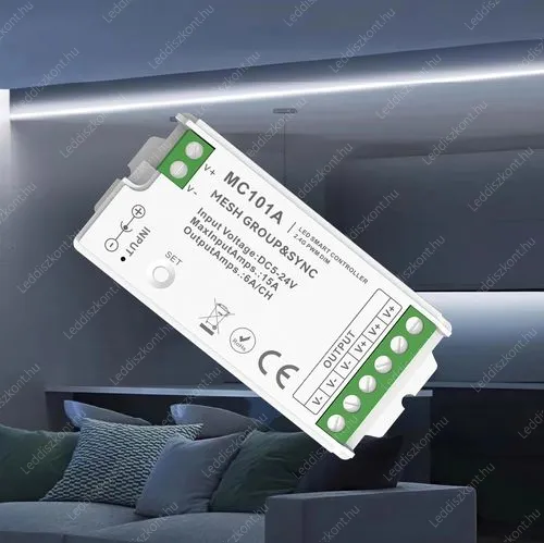 MESH egyszínű vezérlő Led szalaghoz 15A, 4 zónás csoport és szinkron vezérlő, rádiós, 12V-15A-180W, 24V-15A-360W. MESH 2 év garancia! Led vezérlő MESH LLSZVMC101A15A1C 2 év gar.
