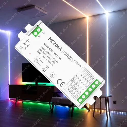 MESH RGB+CCT vezérlő Led szalaghoz 15A, 4 zónás csoport és szinkron vezérlő, rádiós. 12V-15A-180W, 24V-15A-360W. MESH 2 év garancia! Led vezérlő MESH LLSZVMC206A15ARGBWCCT 2 év gar.