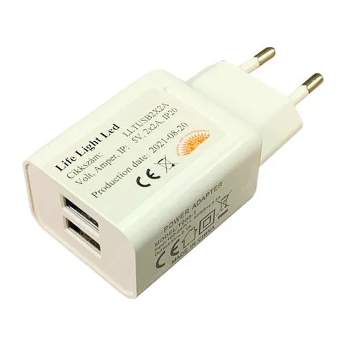 Hálózati töltő adapter 2 x USB port, 2A, USB-s karácsonyi termékekhez, led szalaghoz és ehhez a Wifi boxhoz: LLSZVWIFIBOXML. USB töltő LLTUSB2X2A 1 év gar.